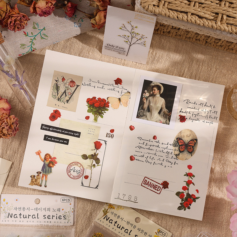 Naturaleza serie libro serie mano cuenta impermeable transparente PVC pegatinas DIY planta flor artificial vintage papelería pegatinas