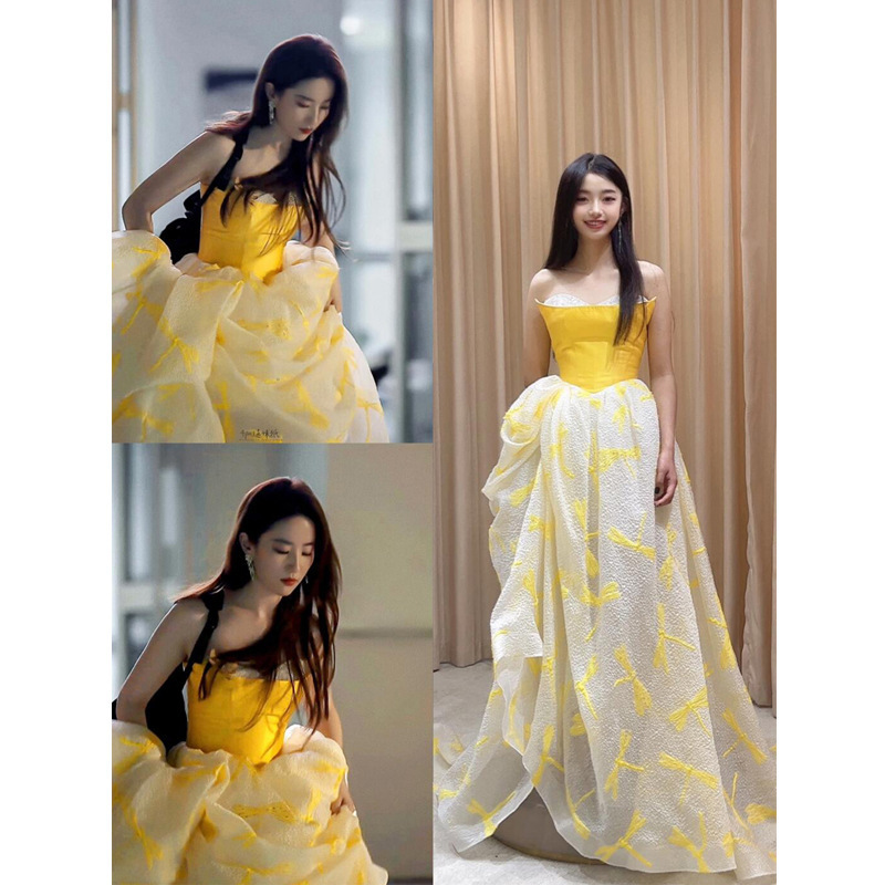 Rose's Story Actress Same Evening Dress Yellow Strapless Banquet Celebrity Temperament High-end Adult Dress Rose's Story Actress Same Evening Dress Yellow Strapless Banquet Celebrity Temperament High-end Adult Dress
