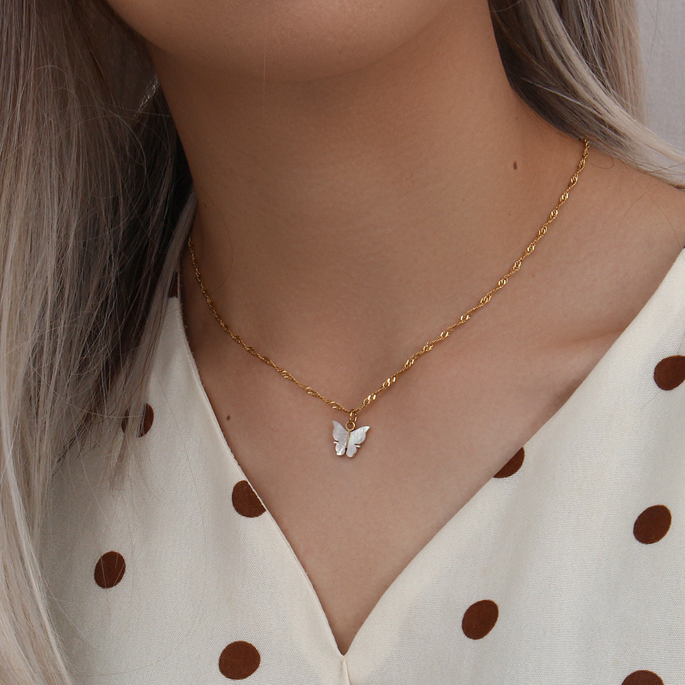 Fashion Shell Butterfly Eardrop Jewelry Stainless Steel White Shell Butterfly Pendant Necklace