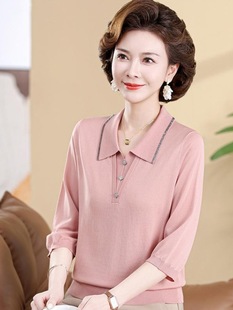 Mother's Spring and Summer Wear Thin T-Shirt Women's Top Middle-aged Loose Lap Base Knitted Shirt for Middle-aged and Elderly Western-style Small Shirt