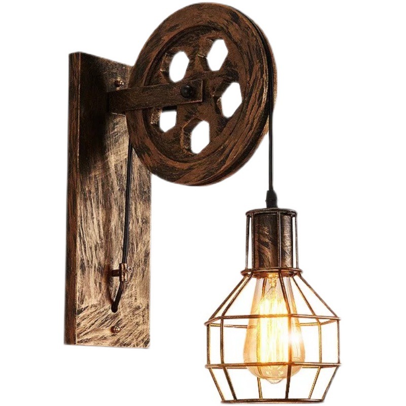 Lámpara de pared estilo industrial americana, diseño vintage con polea, para pasillos y escaleras.