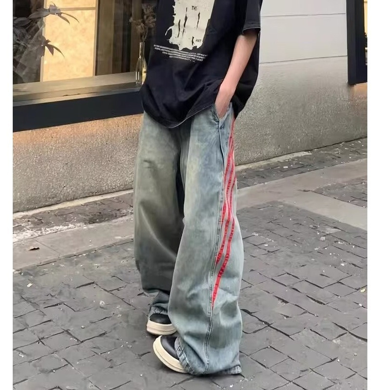 Multi-Pocket Trendy Simple Trendy Spring and Autumn Washing Japanese Youth Sports Unbranded Denim Trousers Mid-Waist Elegant