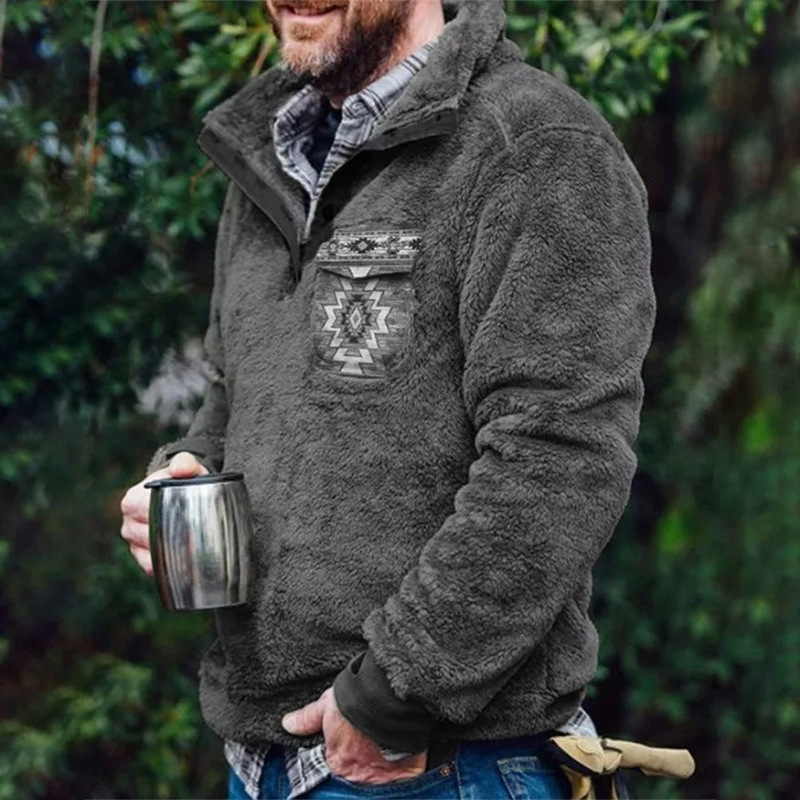 Aliexpress Amazon 2025 Cross-Border Autumn and Winter Men's European and American Casual Flannel Plush Sweatshirt Button Flap Pocket Pants Sweater Aliexpress Amazon 2025 Cross-Border Autumn and Winter Men's European and American Casual Flannel Plush Sweatshirt Button Flap Pocket Pants Sweater