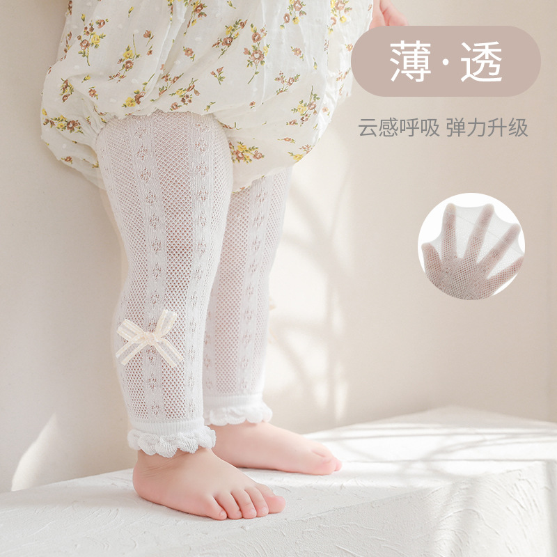 Polainas de las niñas de verano ultra-delgada malla arco princesa bebé blanco mono bebé encaje pantalones recortados