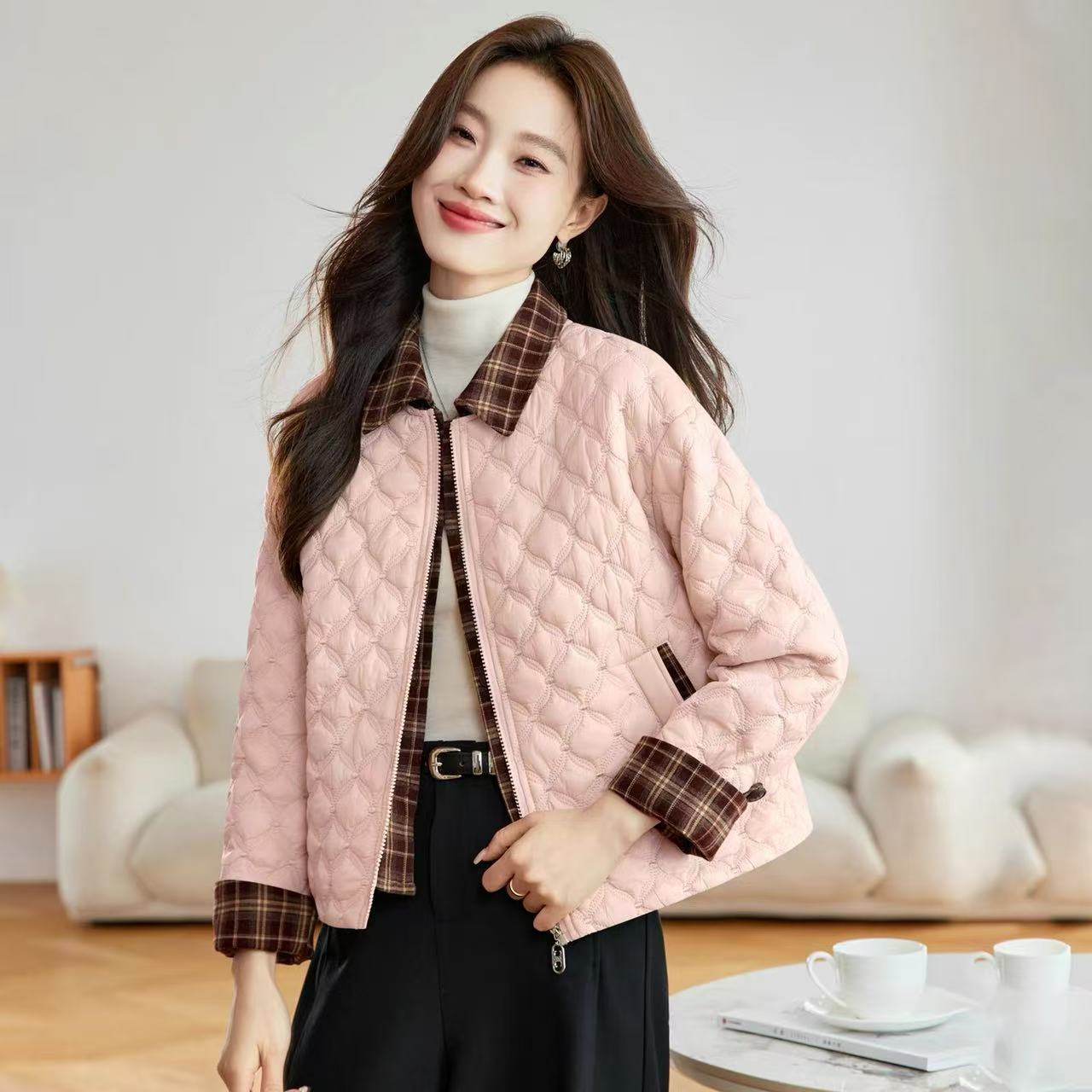 汉派专柜2025秋冬季新款时尚格纹拼接夹棉厚外套翻领轻薄棉服100
