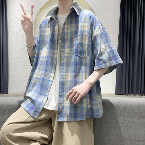 Men's Short-Sleeve Summer Thin Grid Shirt, Streetwear Loose Five-Button Shirt, Hip-Hop Hong Kong Style Half-Sleeve Top