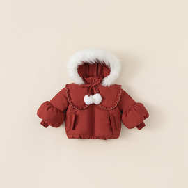 babycity圣诞女童羽绒服冬季儿童毛领红色外套新年装洋气DY23238