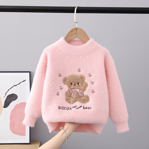 2024 Autumn and Winter Children's Sweater Pullover Tops Girls' Round Neck Sweater Mink Velvet Middle Children Western Style Cartoon Long Sleeves