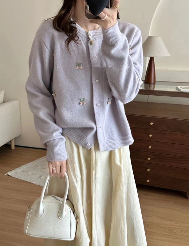 秋冬韩系小清新减龄花朵针织开衫圆领单排扣温柔软糯慵懒毛衣外套|undefined