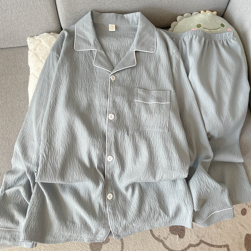 Primavera y otoño delgada pijamas de algodón nublado hombre ocio simple color sólido vestido en vivo conjunto de ropa de casa comercio exterior al por mayor