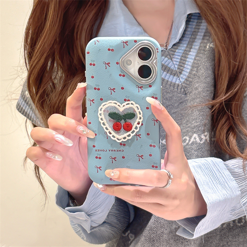 Bordado de cuero con lazo de cereza para iPhone16promax Advanced Sense Apple 15pro/14 Nuevo