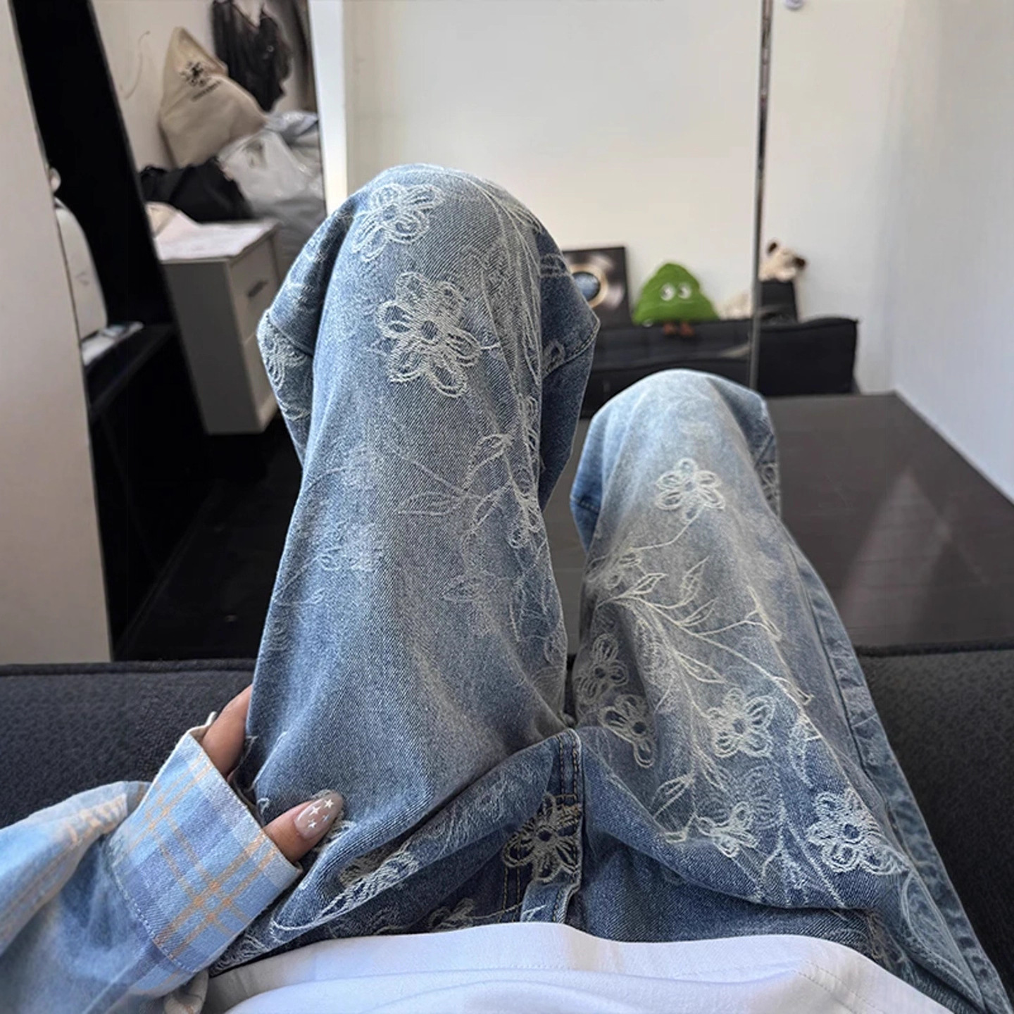 American High Street Vibe Jacquard Jeans Men's Spring and Summer Trendy Brand Washed Straight Casual Pants Loose Handsome Bootcut Pants