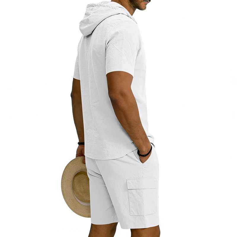 Men's Linen Hooded Short Sleeve Shirt With Workwear Shorts Set, Relaxed Fit Breathable Summer Outfit For Vacation And Casual Style_viptrois.com