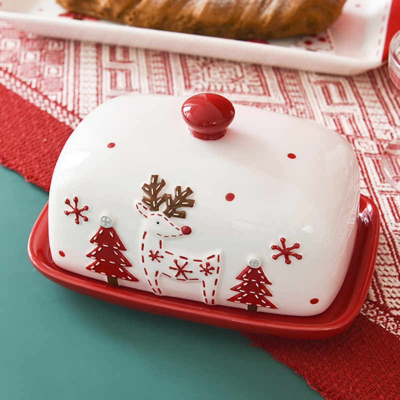Costura nórdica Santa Claus plato de mantequilla de cerámica decoración platos de postres platos de platos de mantequilla decoración de comida occidental