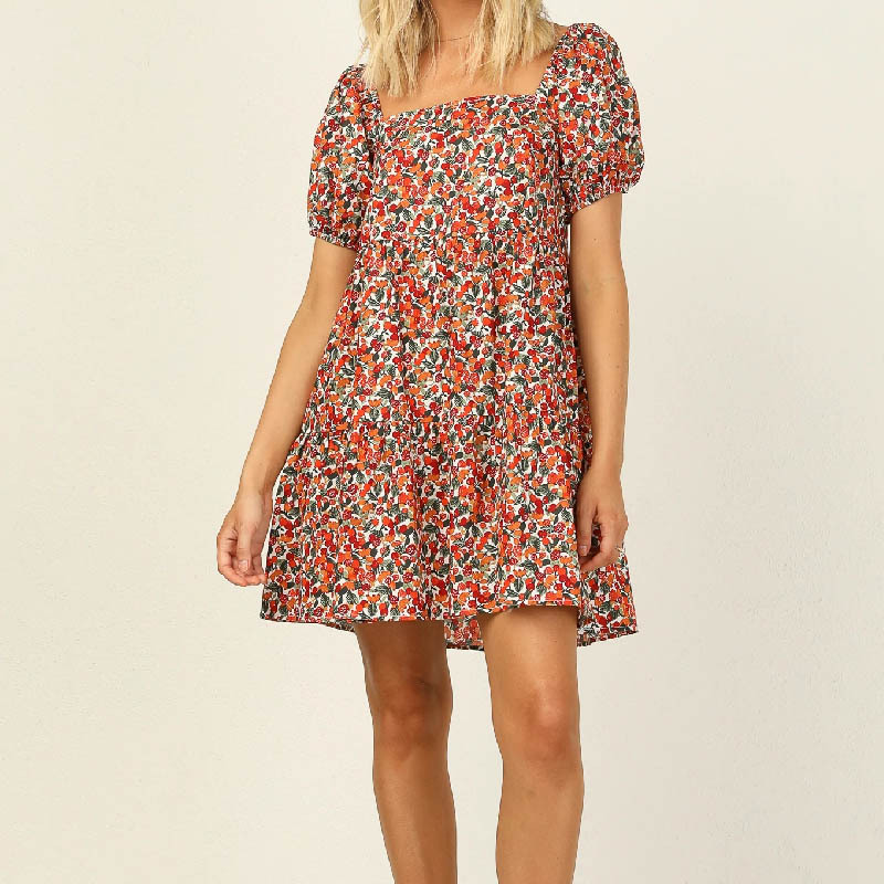 square neck short-sleeved elastic loose floral dress NSJRM123998