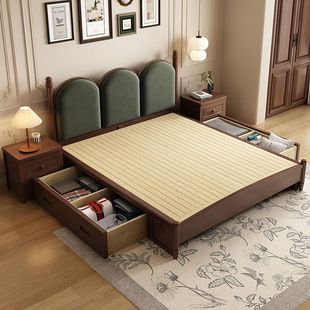 American Solid Wooden Bed 1.5 m Retro Master Bedroom Double Bed 1.8 m Light Luxury Antique Homestay All Solid Wooden Soft Bed