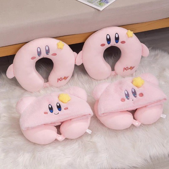 Cartoon Kirby Hooded U-shaped Pillow Cute Nap Pillow Travel Plane Hooded Neck Pillow for Girlfriend