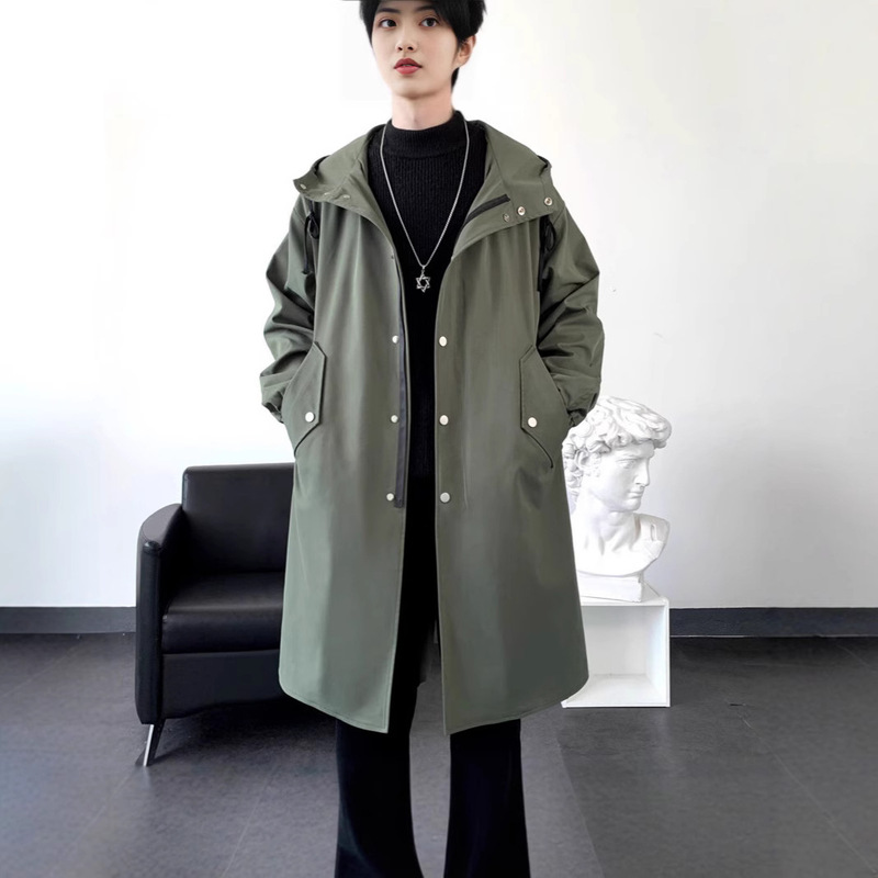 Spring 2025 New Arrival Trenchcoat Men's Mid-length Parkcoat Hong Kong-style Trendy Loose Hooded Trenchcoat Men's Coat