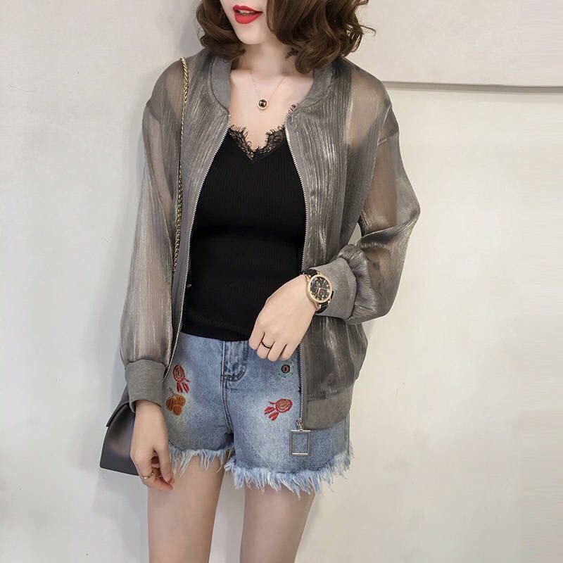 Organza Sun Protection Clothing for Women Summer Plus Size Cardigan Long-Sleeved Spring & Fall Short Bright Silk Thin Shirt Jacket Baseball Uniform