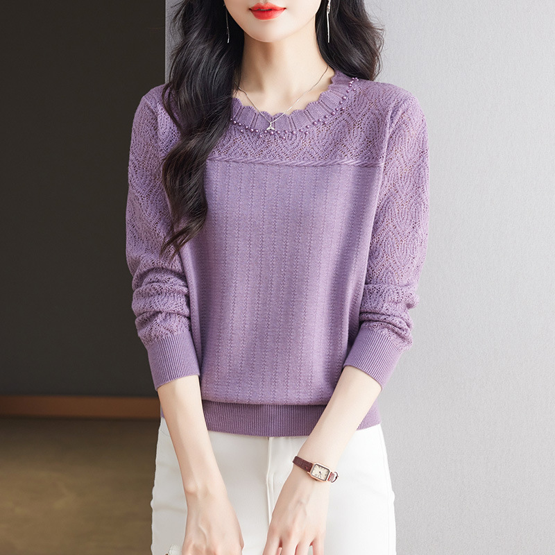 2024 New Fashion Round Neck Sweater Top Young Mother Autumn Elegant Long Sleeve T-Shirt Women Thin Shirt