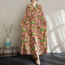 实拍2025早秋新款复古棉麻印花宽松休闲木耳花边领长袖大摆连衣裙