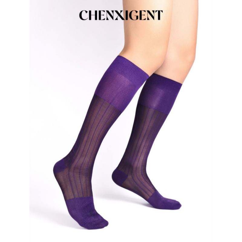 Purple Striped Knee-High Formal Dress Socks for Gentlemen, European and American Style, Solid Color, Breathable Nylon Suit High Socks Purple Striped Knee-High Formal Dress Socks for Gentlemen, European and American Style, Solid Color, Breathable Nylon Suit High Socks