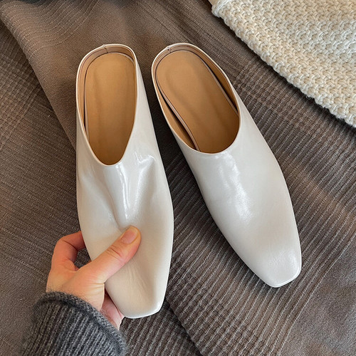 Full leather inside and outside toe-toe Muller slippers for women summer new first-layer cowhide square toe flat-soled outer wear sandals and slippers for women