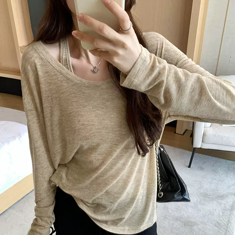 春款慵懒松弛感薄款宽松外穿防晒罩衫无袖背心长袖T恤两件套女