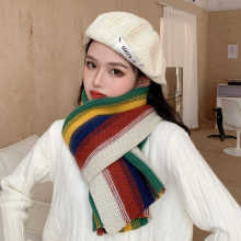 彩虹条纹围巾女冬款保暖厚毛线编织韩版日系网红学生护颈披肩两用