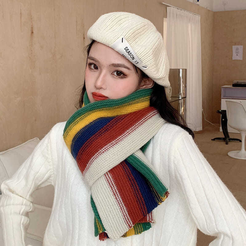 彩虹条纹围巾女冬款保暖厚毛线编织韩版日系网红学生护颈披肩两用