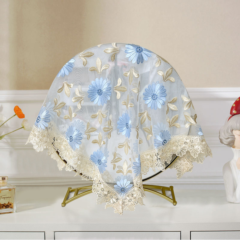 White Lace Small Round Mirror Cover Dust-Proof Gauze Fabric Dressing Table Round Mirror Cover Cloth Blocking Cloth