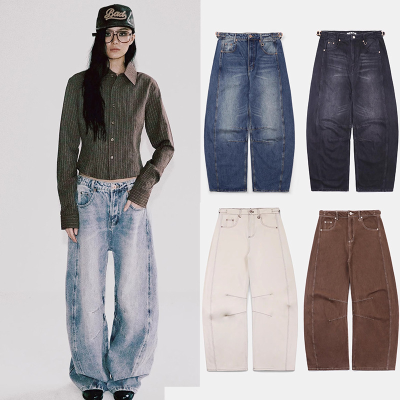 badblood American Style Retro High Street Washed Light Color Jeans Embroidered Scimitar Casual Loose Straight Pants