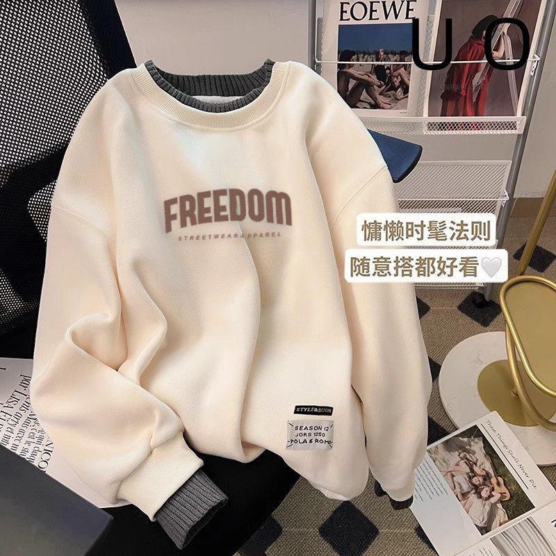 가짜 투피스 기모 크루 넥 땀 여성의 2024 년 가을과 겨울 새로운 간단한 느슨한 캐주얼 가을 여성의 풀오버 탑