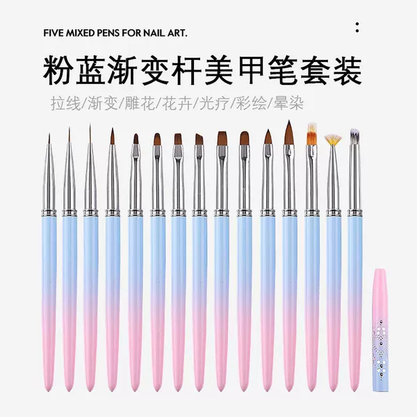Cross-border Blue and Pink Gradient Rod Manicure Brush Tool 14-piece Set Drawing Pen Smudge Pen Serrated Crystal Pen Wholesale