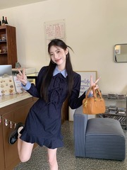 学院风假两件长袖衬衫连衣裙女秋季法式木耳边藏蓝色收腰a字短裙