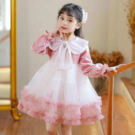 韩版洋气时髦女童公主裙2023秋季新款娃娃领渐变色重工女孩蓬蓬裙