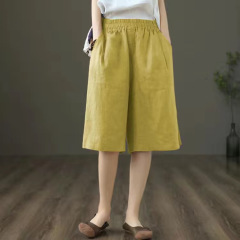 日本と韓国の綿とリネンの女性用夏用ハイウエスト万能ショートパンツ、ゆったりとしたスリムなストレートレッグワイドレッグパンツ、ミドルパンツ