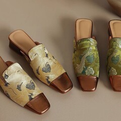 包頭半拖鞋女粗跟2025春夏低跟拼色穆勒涼拖鞋配裙子