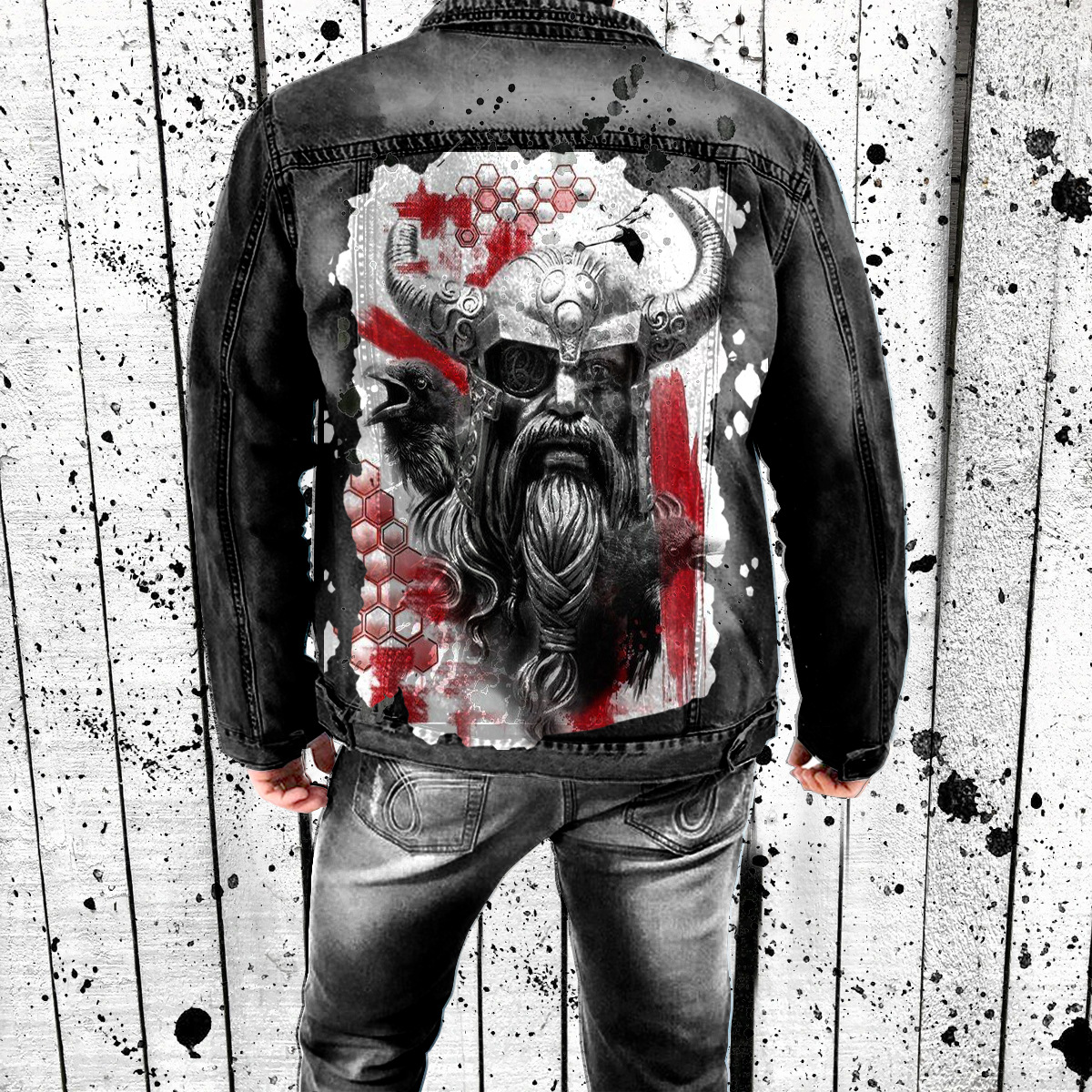 2025 Viking printed lapel classic washed denim cowhide jacket, men's clothing_voghion.com