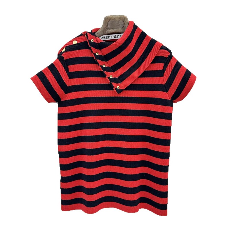 Contrast color striped metal snap button irregular short-sleeve knit top for women, summer turn-down collar off-shoulder top, 2026 new model