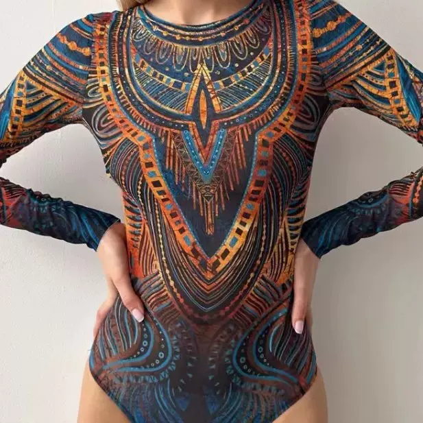 2025新款长袖性感连体网纱泳衣欧美跨境连体衣Купальник