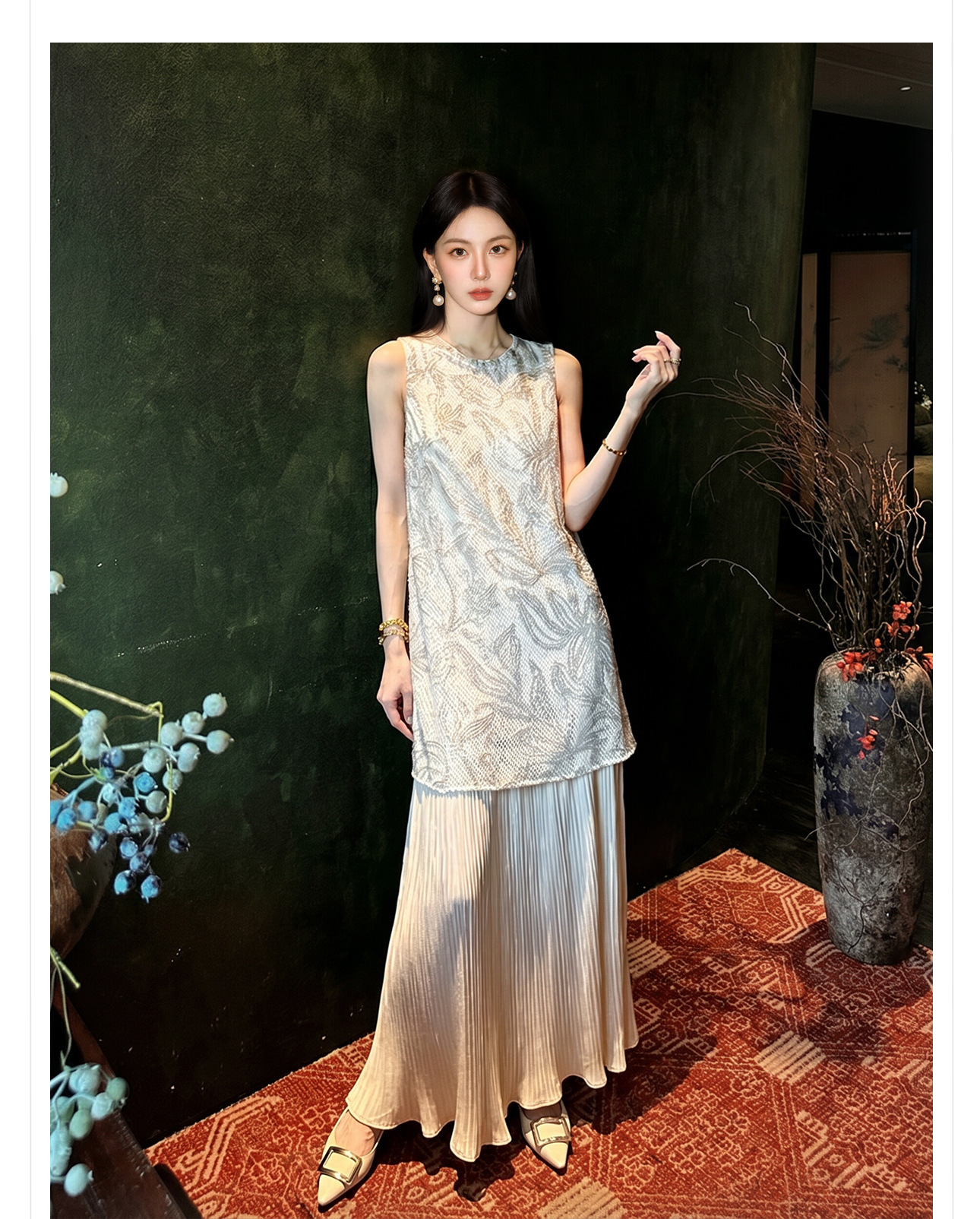Đầm maxi nữ thắt eo phong cách Tân Trung Hoa họa tiết thêu nổi — Trà cà phê chi tiết 16