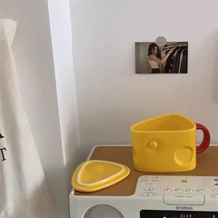 Korean Export Ceramic Cheese Cup with Lid Small Design Mark Cup Household Coffee Cup Cartoon Trendy Water Cup 