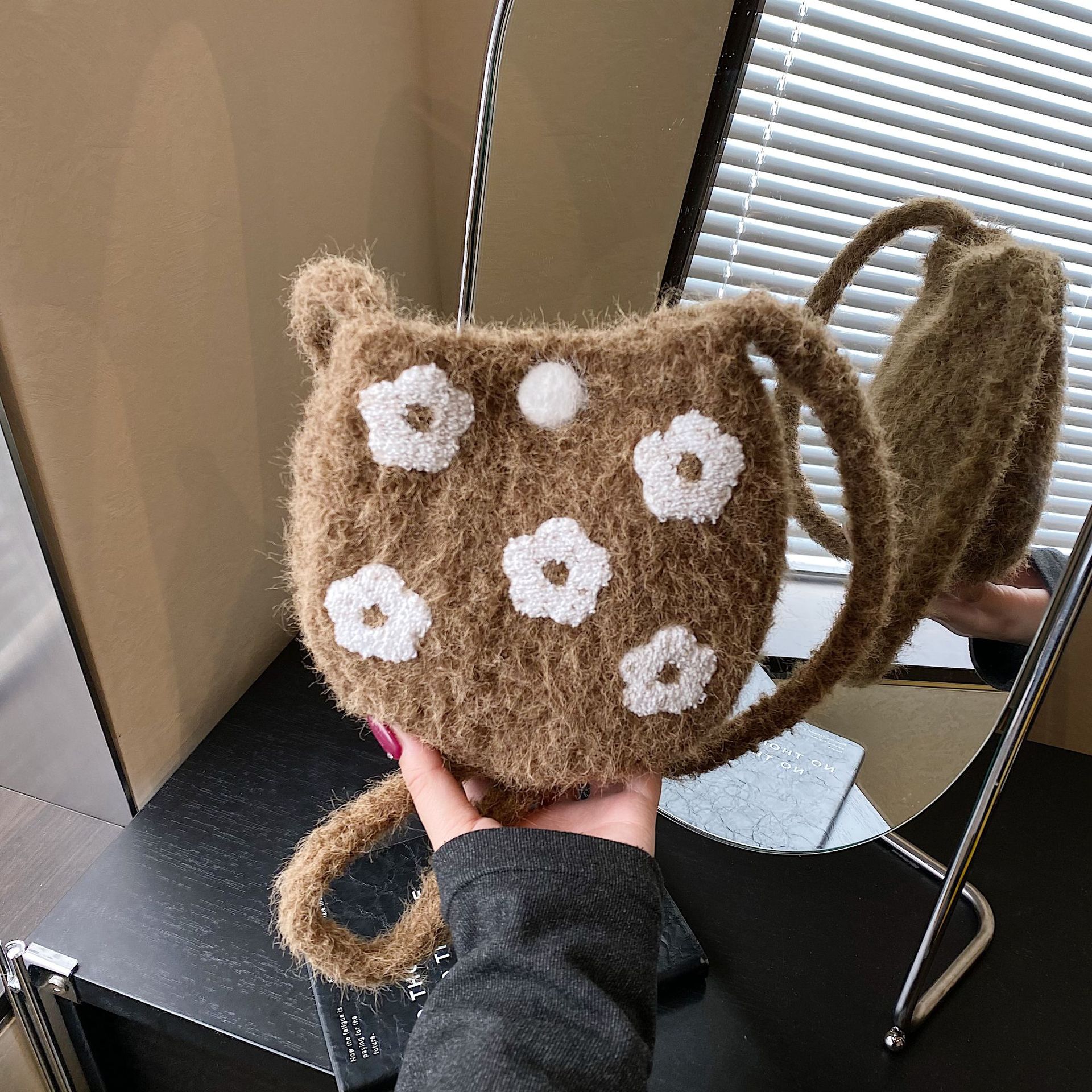 Plush Flower Embroidered Shoulder Bag, Autumn and Winter Sweet Niche Plush Bag, Artistic Forest Style Tote Bag, Korean Style Tote Bag