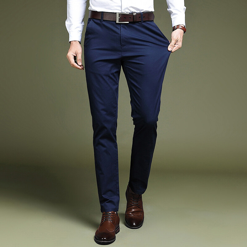 Pantalones de traje casual de algodón para hombres con forro polar slim fit de los hombres de negocios de cercanías rectos sin planchar de color sólido de los hombres pantalones largos