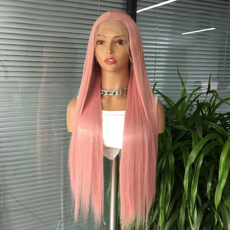 Cross-border foreign trade front lace chemical fiber wig ladies high temperature silk fashion light pink long straight hair headgear