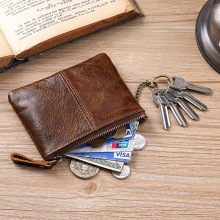 头层油蜡牛皮零钱包带钥匙链含隔层硬币卡包男女拉链真皮收纳钱包