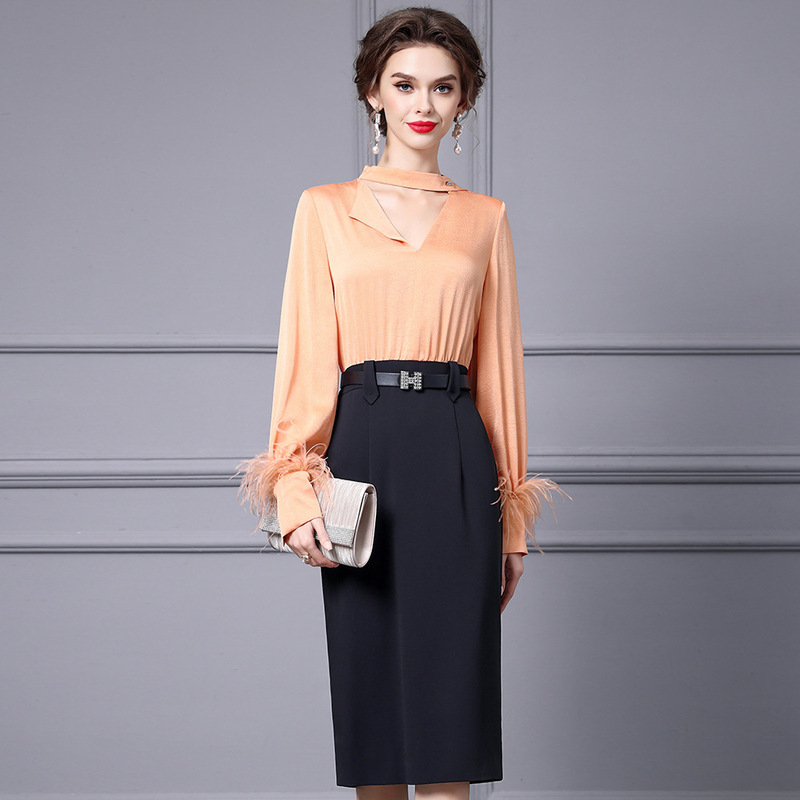 Zhili's Stunning Dress for Important Occasions, 2026 New Spring Collection, Satin Patchwork Mid-Length Long-Sleeve Bodycon Dress