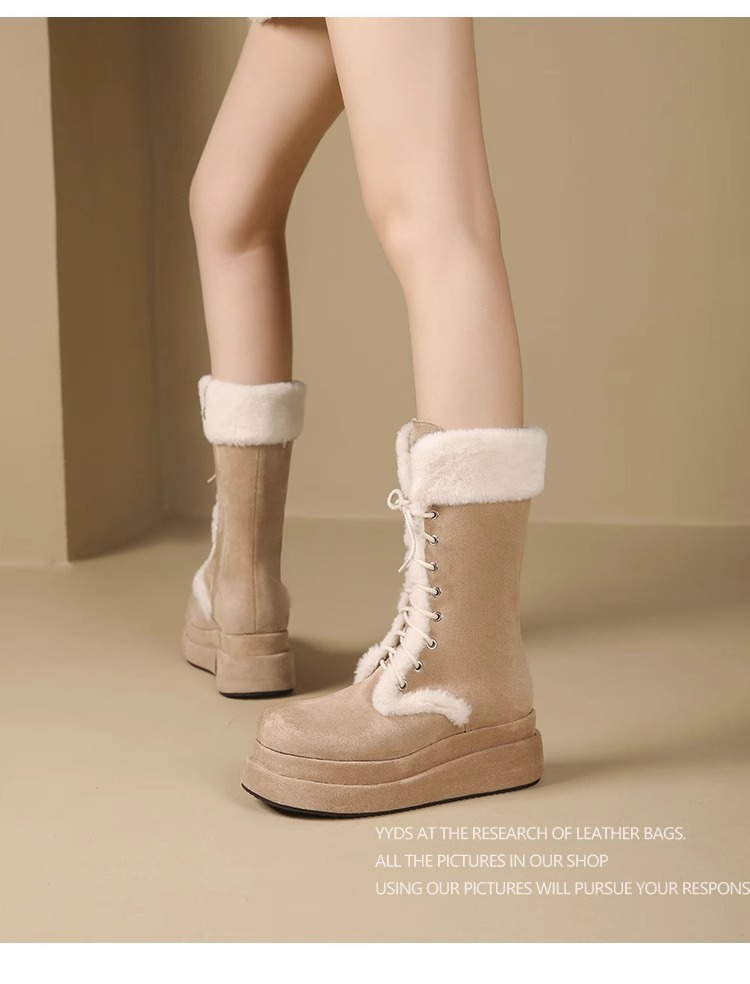 2024 nouvelles bottes de neige à semelles épaisses en fourrure mi-tube hiver fourrure intégrée en peluche épaisse chaussures en coton rehaussant la hauteur_voghion.com
