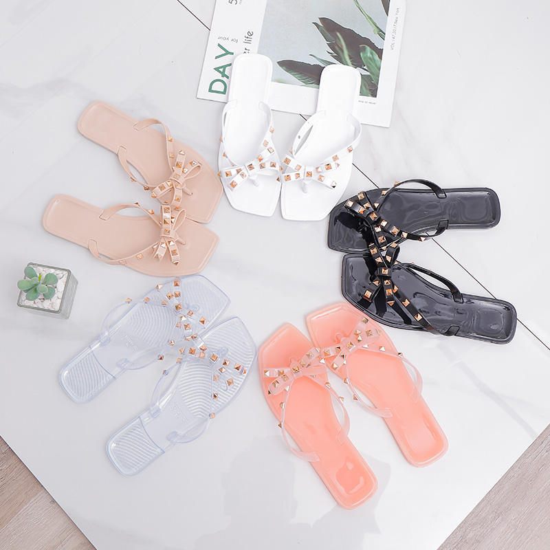 Fashionable crystal sandals, women's beach shoes, fashionable anti slip rivet flip flops, jelly shoes_voghion.com